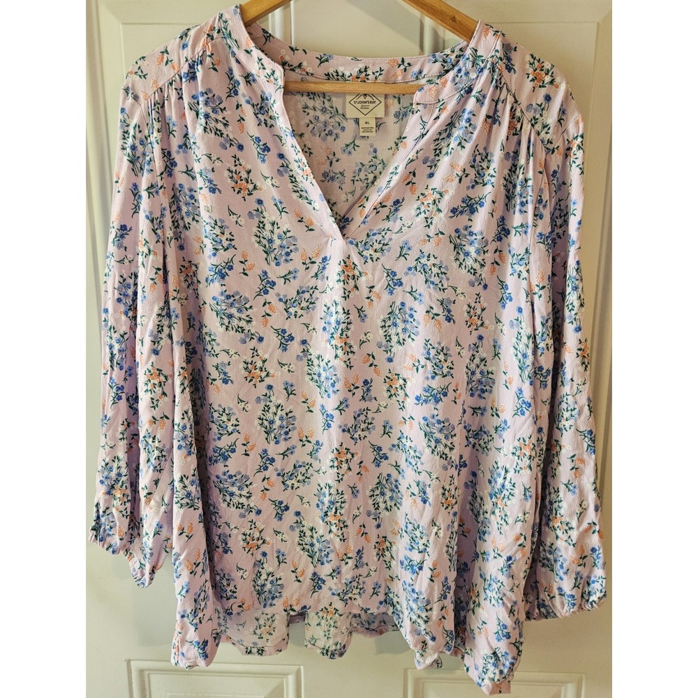 St John's Bay Womens XL Floral Blouse Pink Blue Rayon Peasant Boho Top